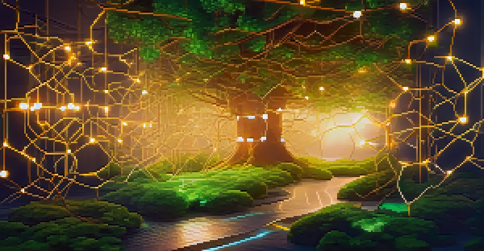 A peaceful digital landscape showcasing a green blockchain network with glowing nodes and pathways, illuminated by golden light.