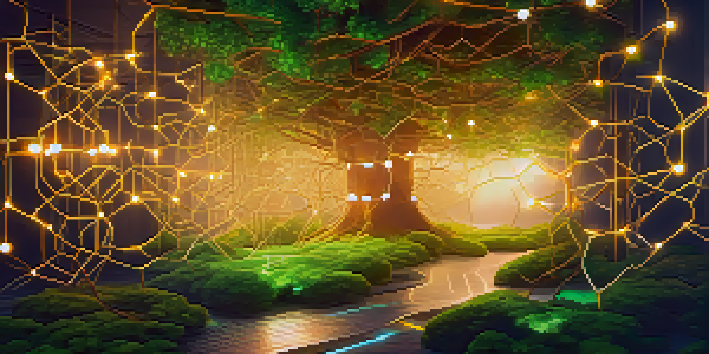 A peaceful digital landscape showcasing a green blockchain network with glowing nodes and pathways, illuminated by golden light.