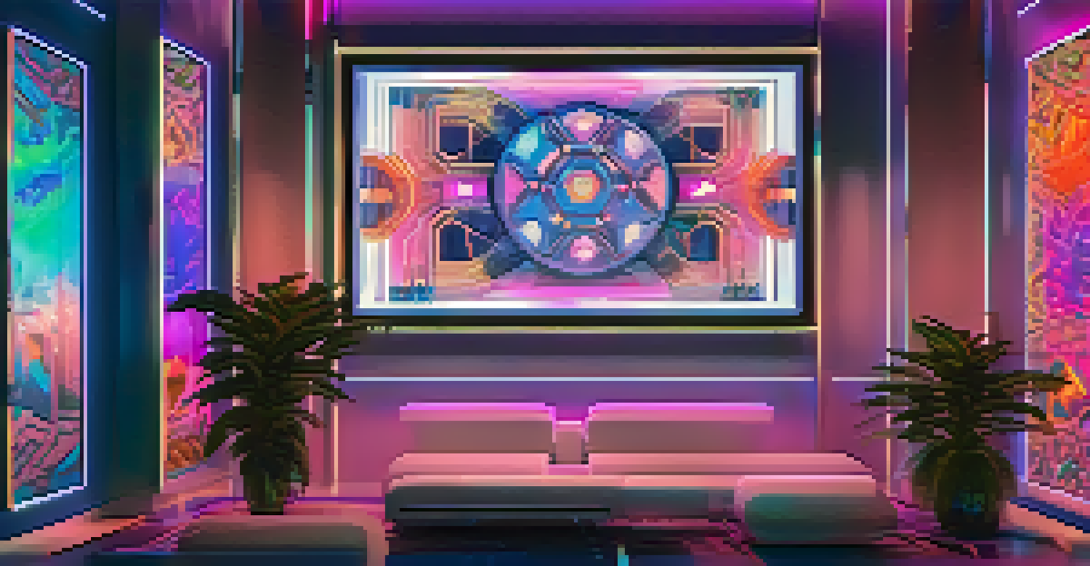 A digital screen displaying a colorful and intricate NFT artwork in a modern tech-inspired environment.