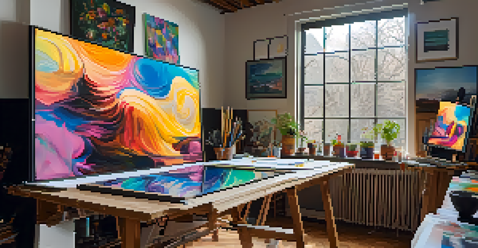 An artist's studio with digital art on screens and traditional canvases, with natural light streaming in.