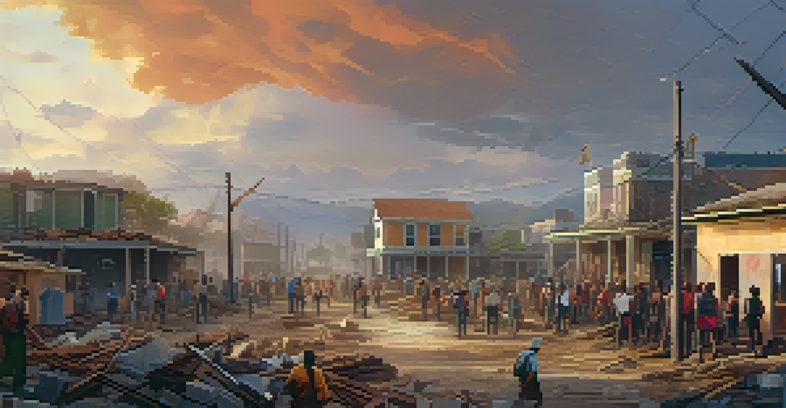 A digital landscape illustrating a community rebuilding after a disaster, showcasing resilience and unity with warm colors and detailed textures.