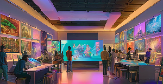 A lively NFT marketplace with diverse people discussing colorful digital artworks under soft lighting.