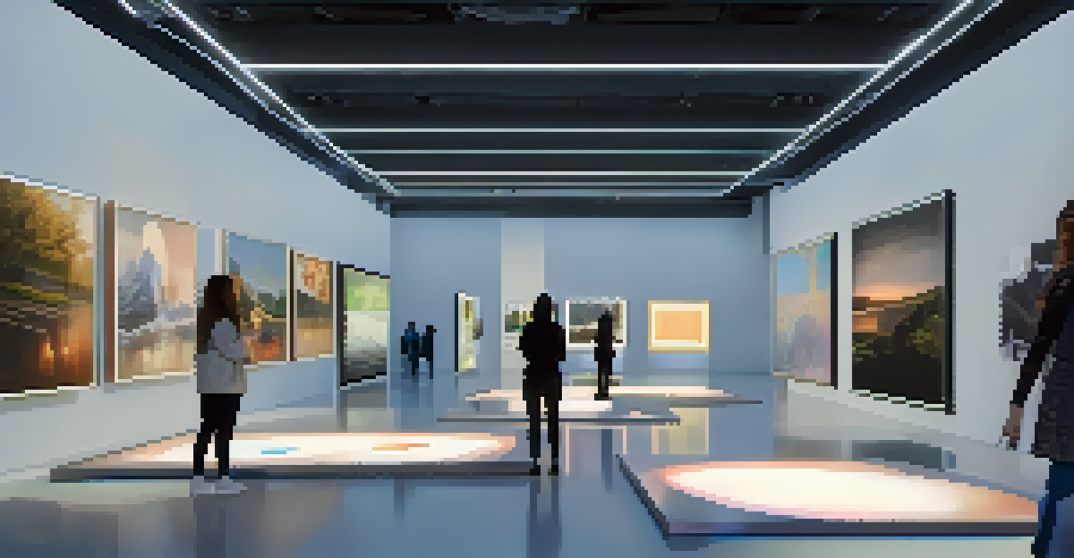 A futuristic virtual gallery displaying various NFTs, with soft lighting and interactive holographic displays.