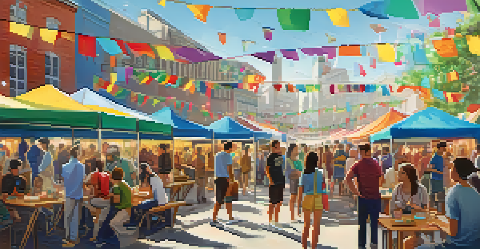 An outdoor festival with colorful booths displaying NFT art, where attendees engage in workshops and discussions.