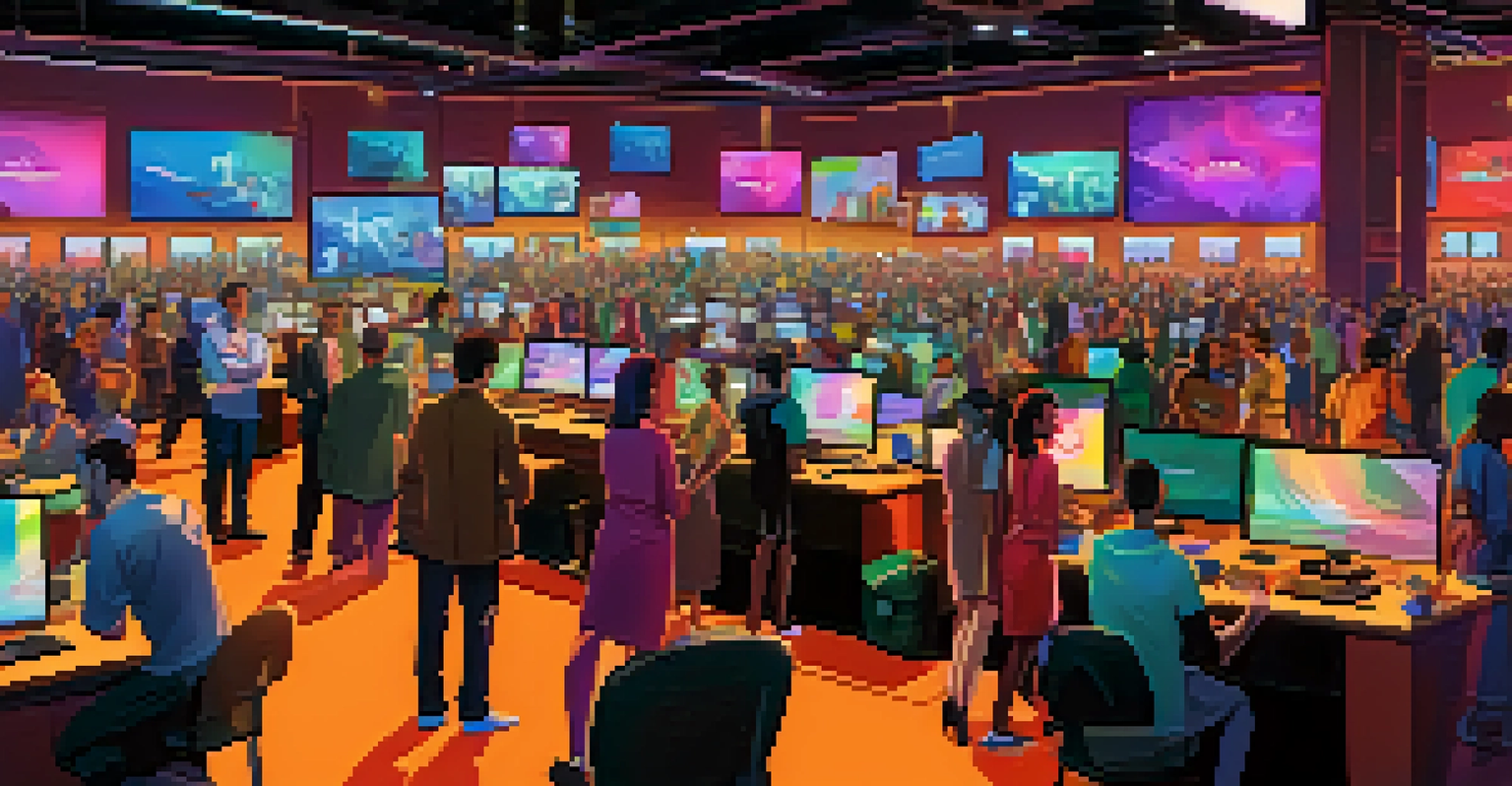 An online auction for NFTs, showcasing animated bidding and diverse digital artworks, with avatars of enthusiastic bidders.