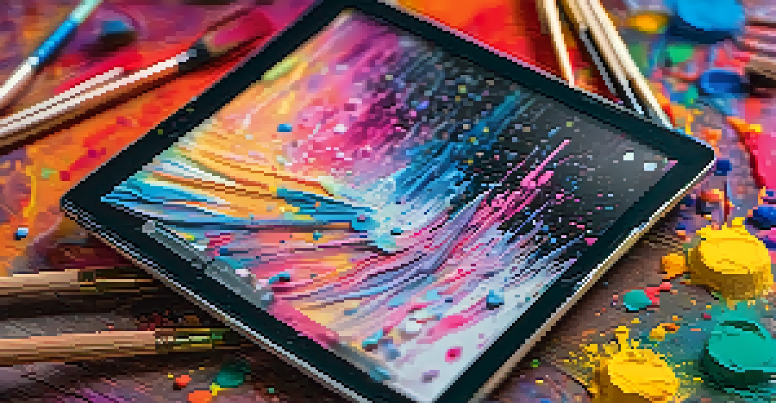 A close-up of a digital tablet showing detailed NFT art, with paint splatters and brushes around it in a blurred background.