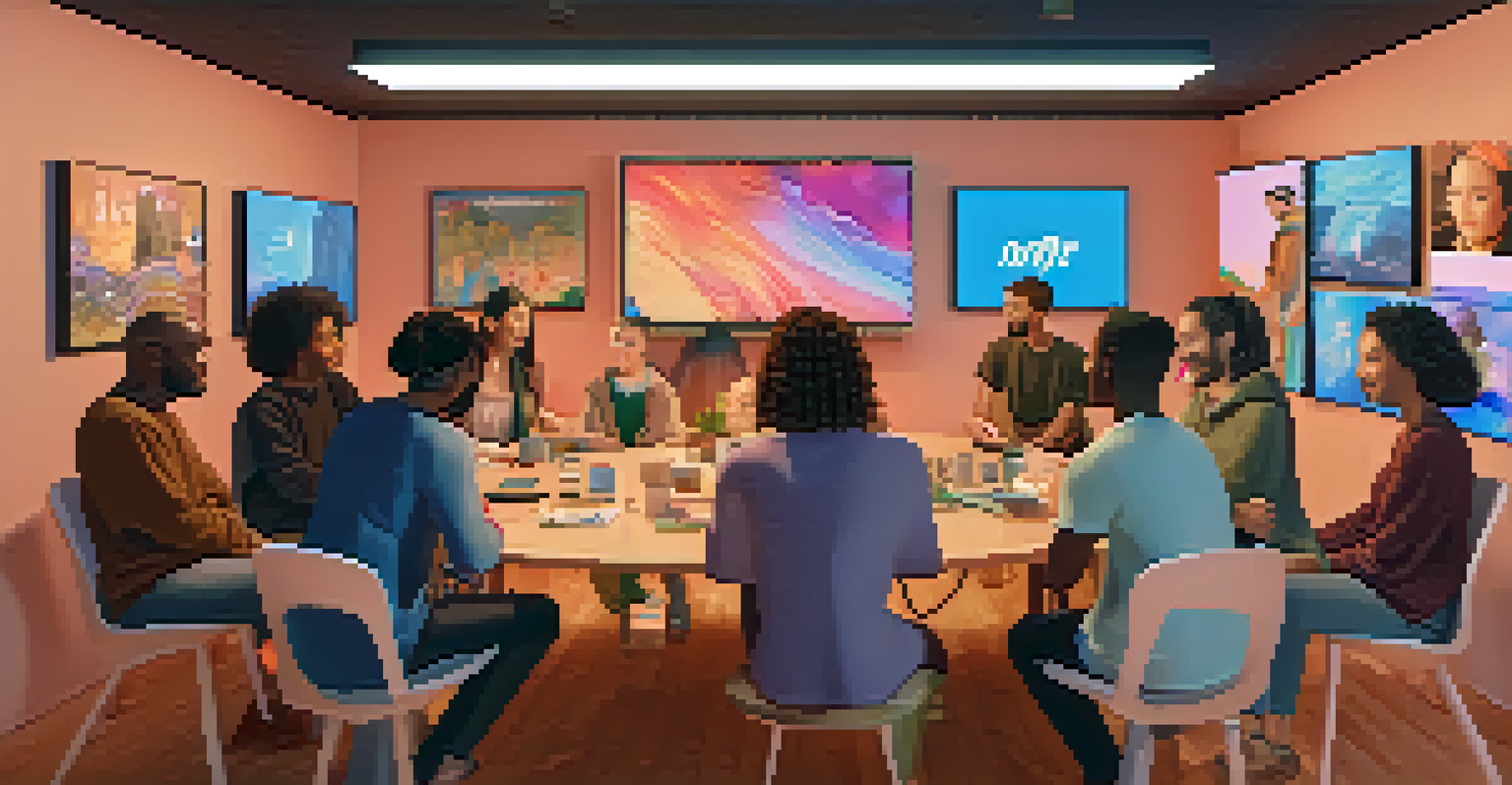 A virtual community meeting with diverse individuals discussing NFTs and digital art over video calls.