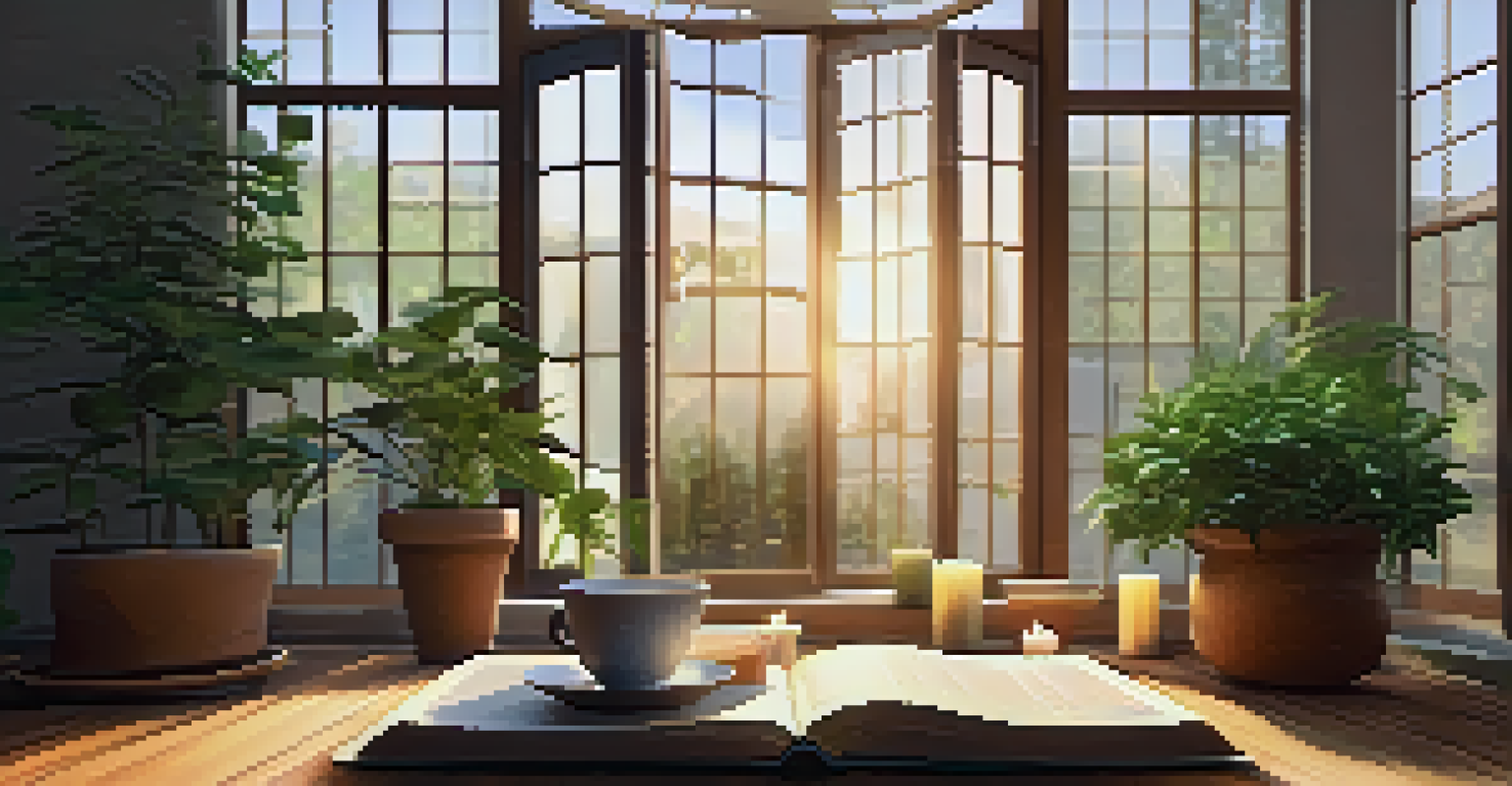 A peaceful meditation space with a cushion, plants, candles, and a cup of tea, illuminated by natural light.