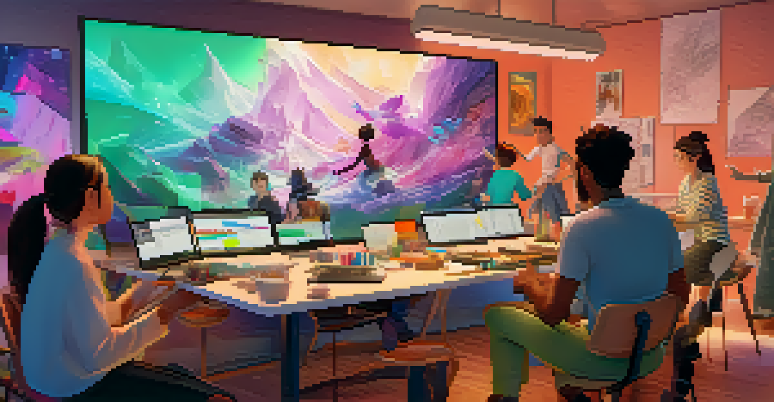 Artists collaborating on an animation project, with different styles merging on a large screen, surrounded by tools and sketches.