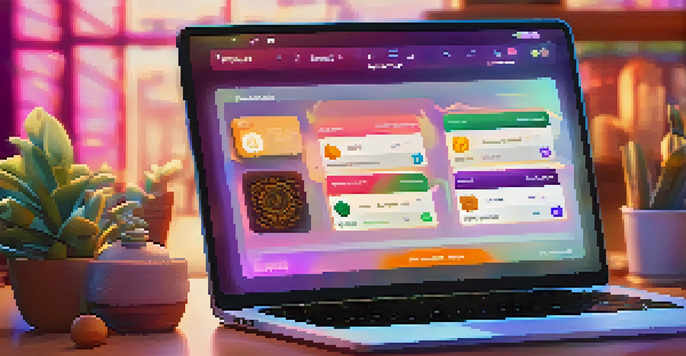 A computer screen displaying a secure digital wallet with colorful NFTs in a grid layout, set in a cozy workspace with a warm glow.