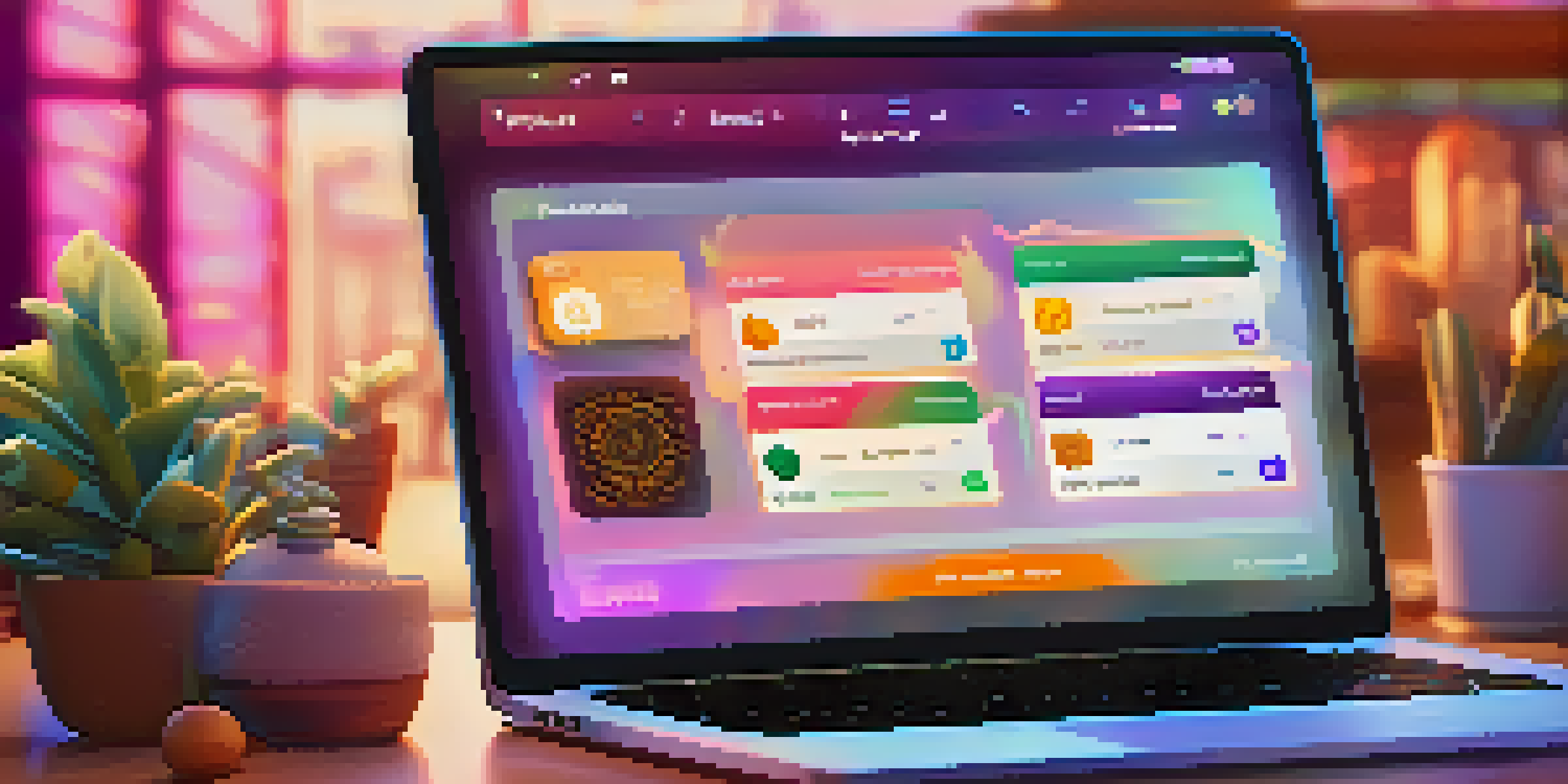 A computer screen displaying a secure digital wallet with colorful NFTs in a grid layout, set in a cozy workspace with a warm glow.
