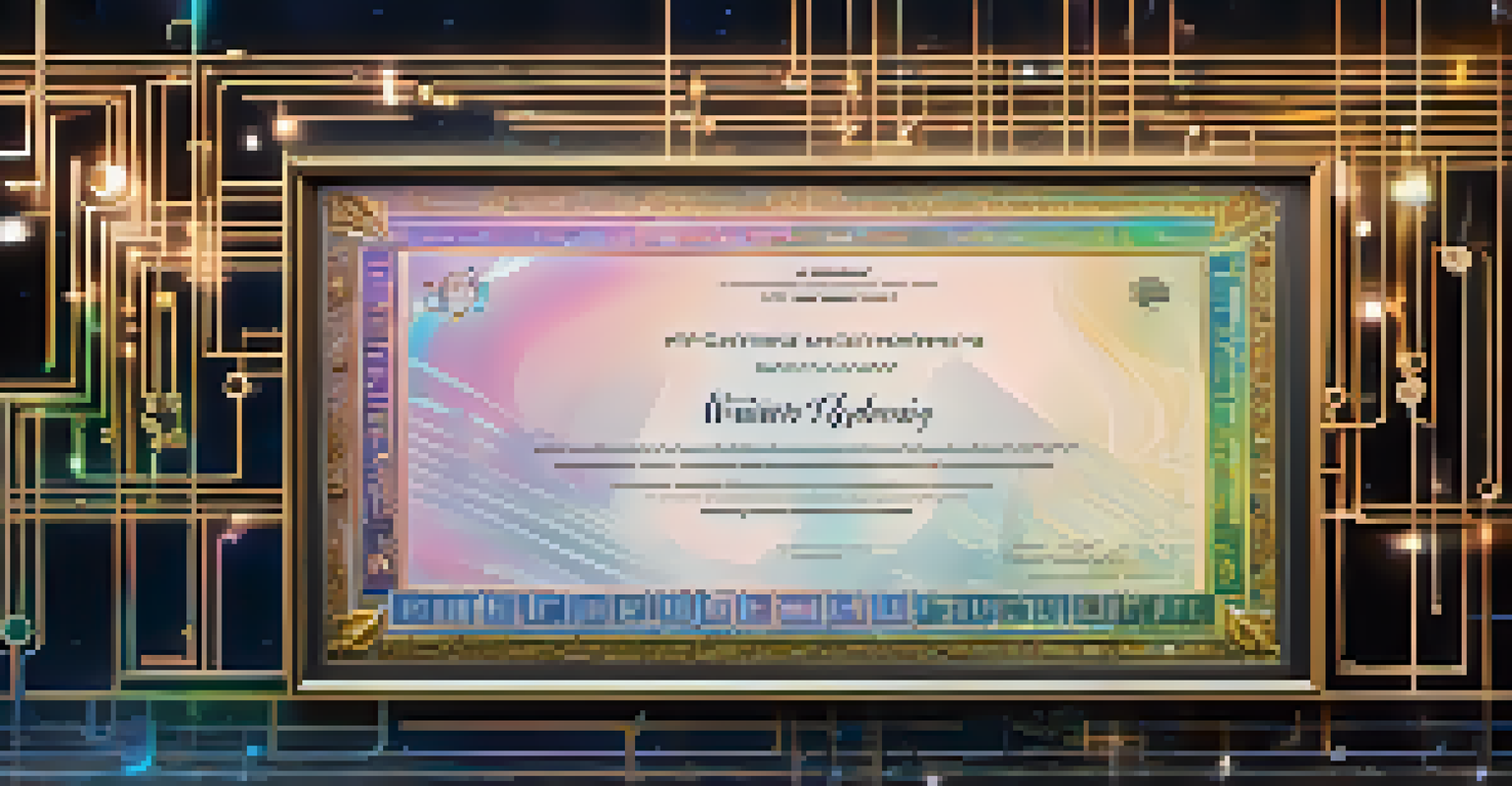 A detailed close-up of a digital NFT certificate with holographic features, set against a backdrop of blockchain symbols.