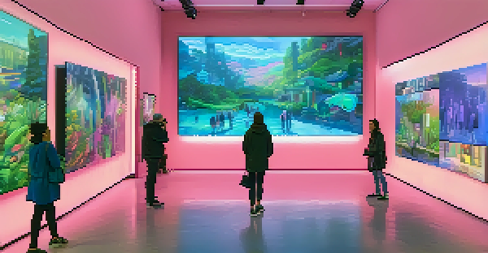 A colorful digital art gallery with people admiring NFTs on screens, illuminated by soft white lighting.