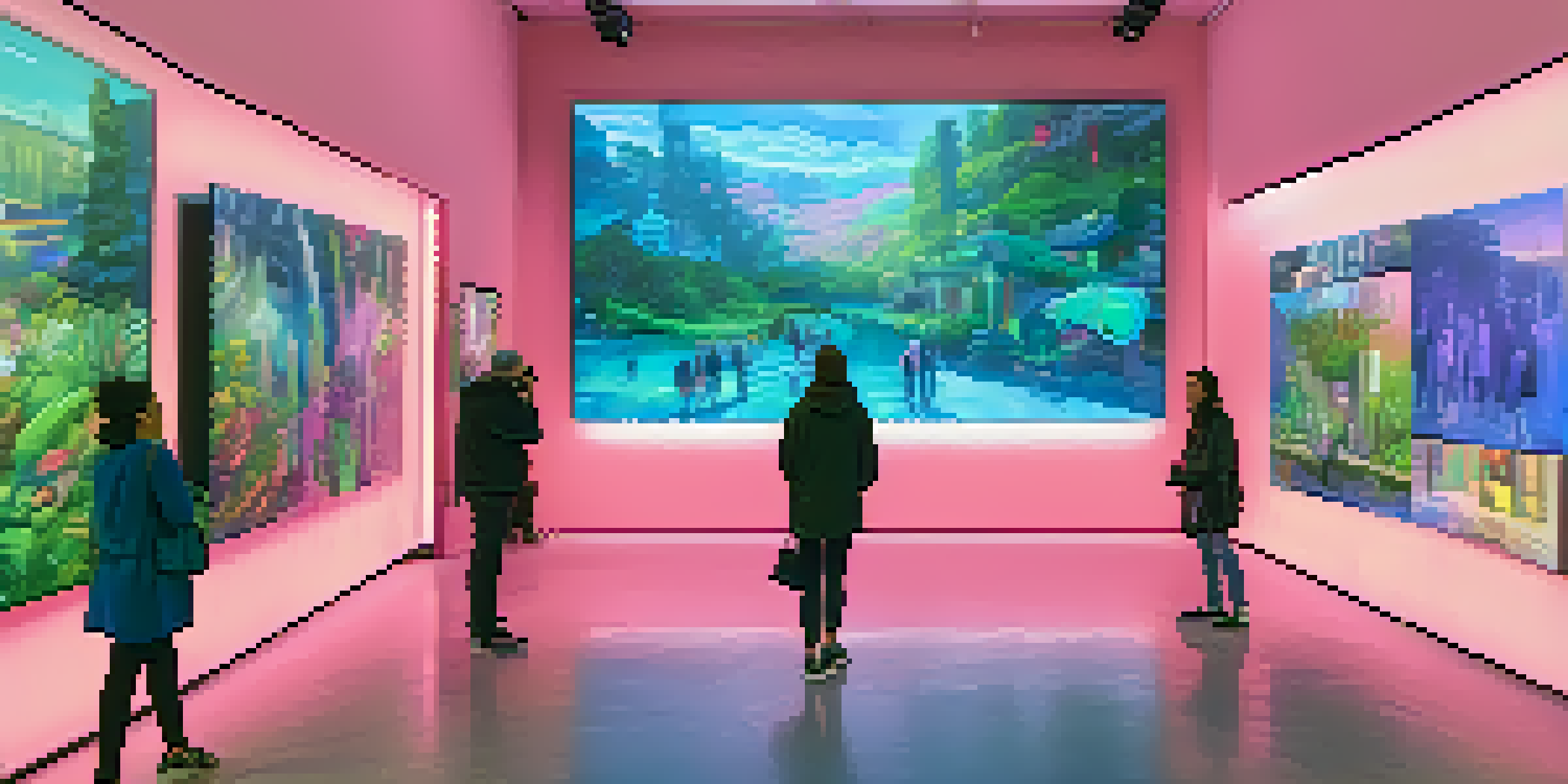 A colorful digital art gallery with people admiring NFTs on screens, illuminated by soft white lighting.