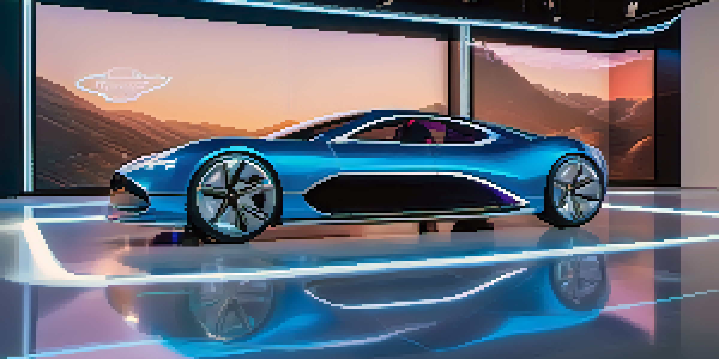 A futuristic digital twin of a luxury car in a high-tech showroom, with a holographic interface displaying maintenance history.