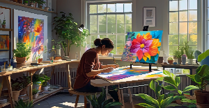 A digital art studio with an artist creating on a colorful canvas, surrounded by art supplies and plants, illuminated by natural light from large windows.