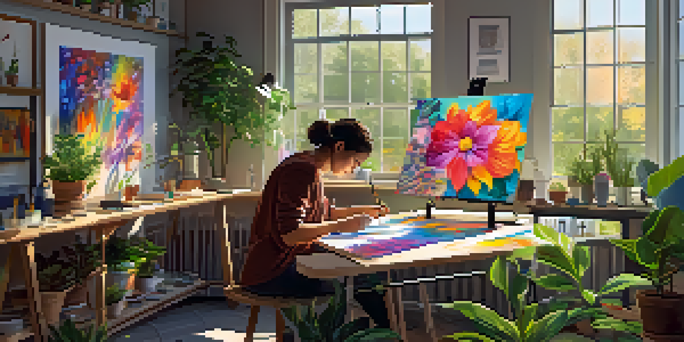 A digital art studio with an artist creating on a colorful canvas, surrounded by art supplies and plants, illuminated by natural light from large windows.