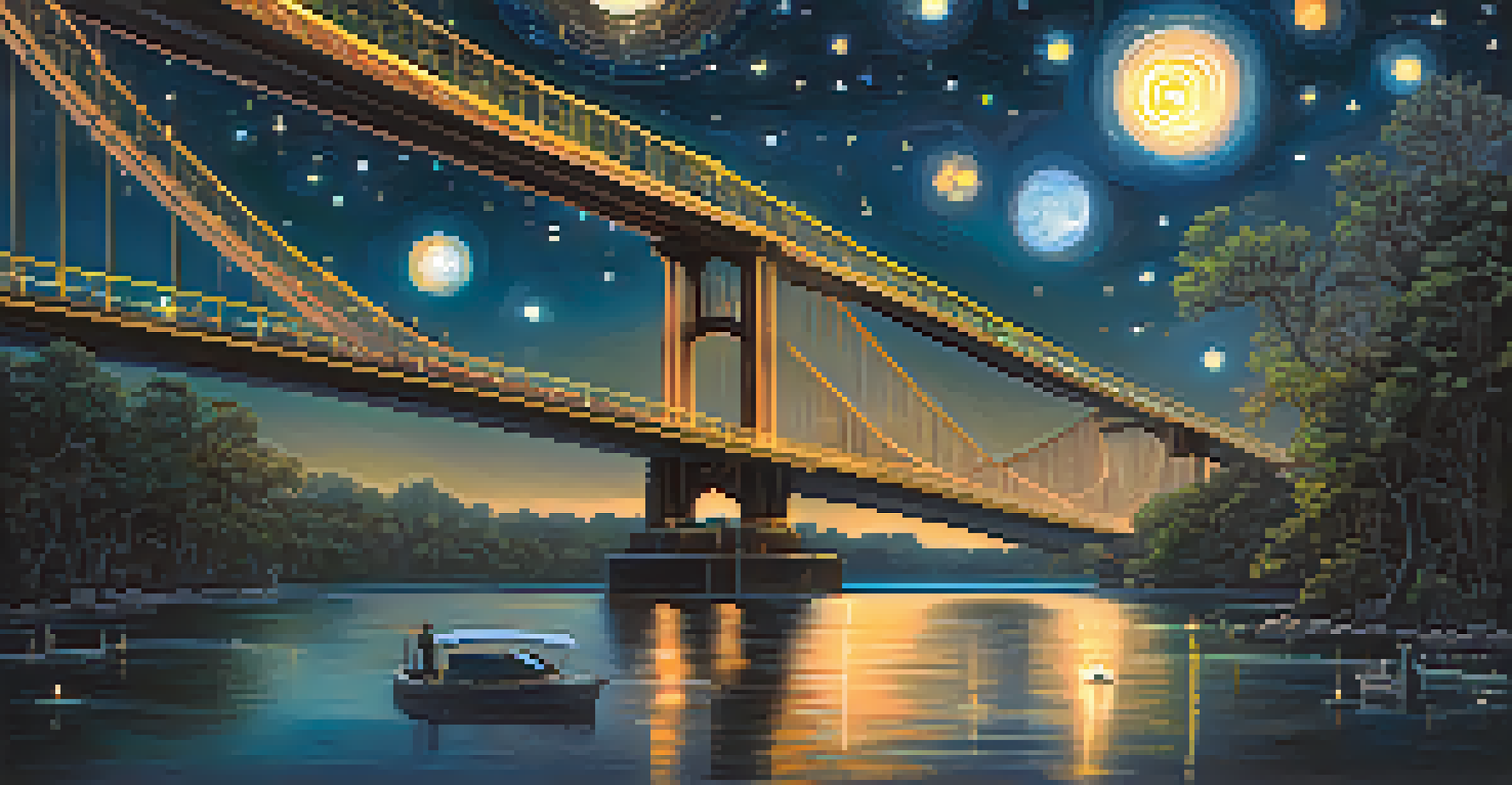 An illustration of glowing bridges connecting NFTs from different platforms under a starry sky, symbolizing interoperability.