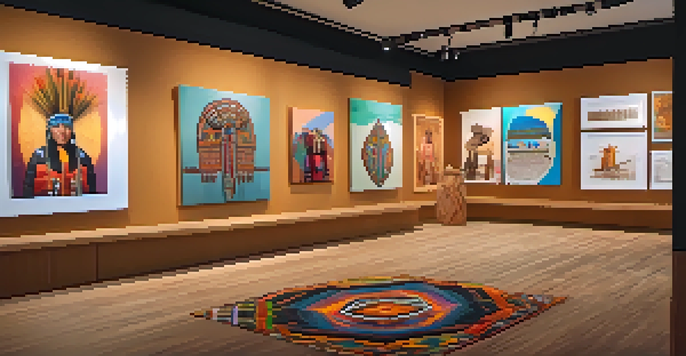 A digital gallery displaying Indigenous artworks as NFTs, with visitors interacting with the screens in a warm and inviting atmosphere.