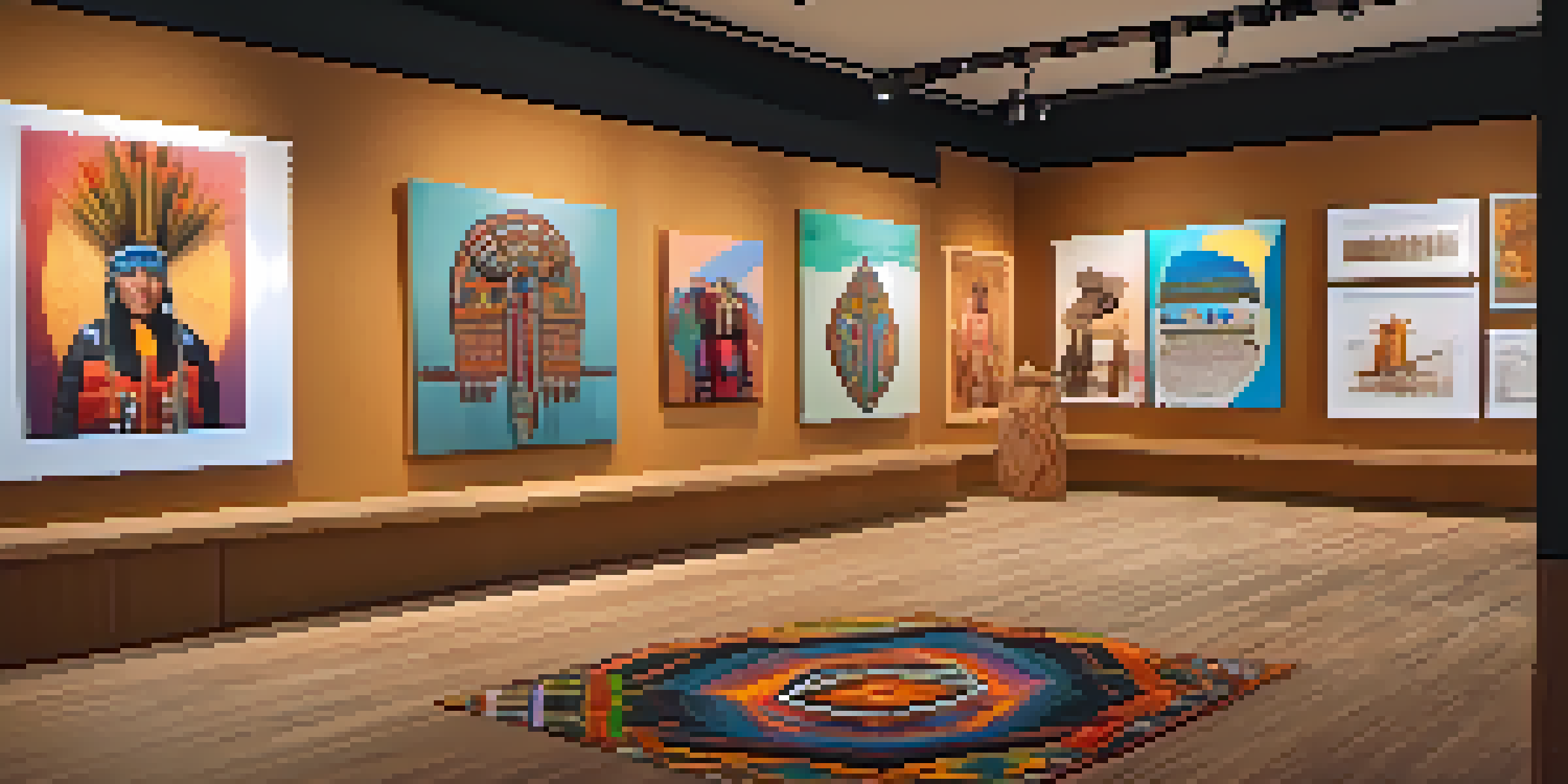 A digital gallery displaying Indigenous artworks as NFTs, with visitors interacting with the screens in a warm and inviting atmosphere.