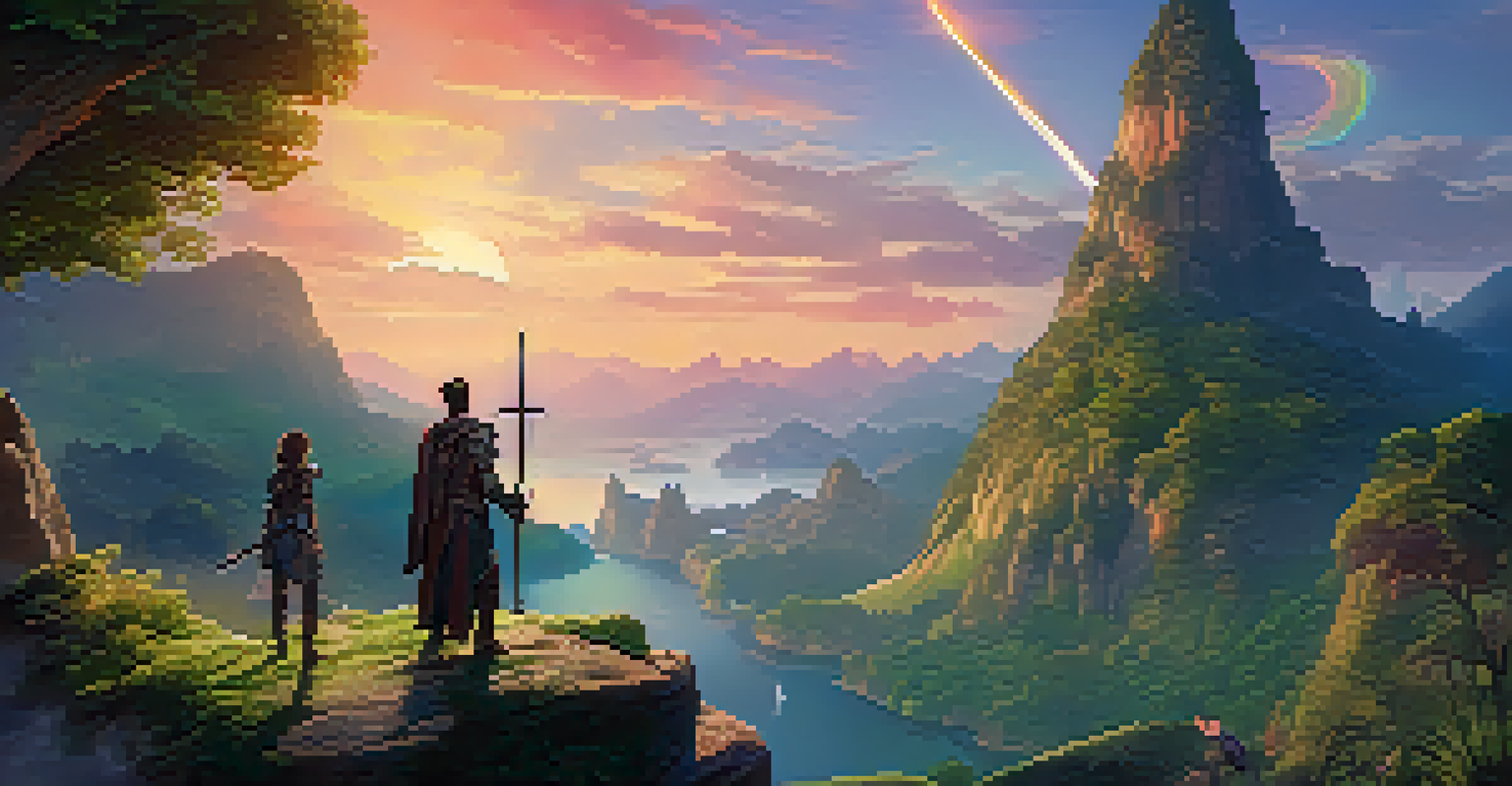 A character on a cliff holding a glowing NFT sword in a lush, fantastical landscape during sunset.