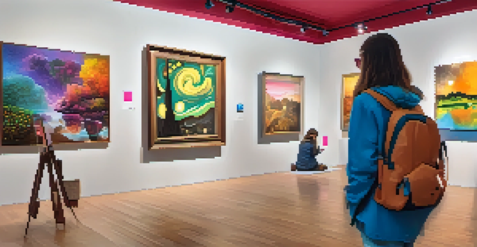 A digital art gallery with traditional and augmented reality artworks, featuring colorful paintings and animated elements visible through smartphones.