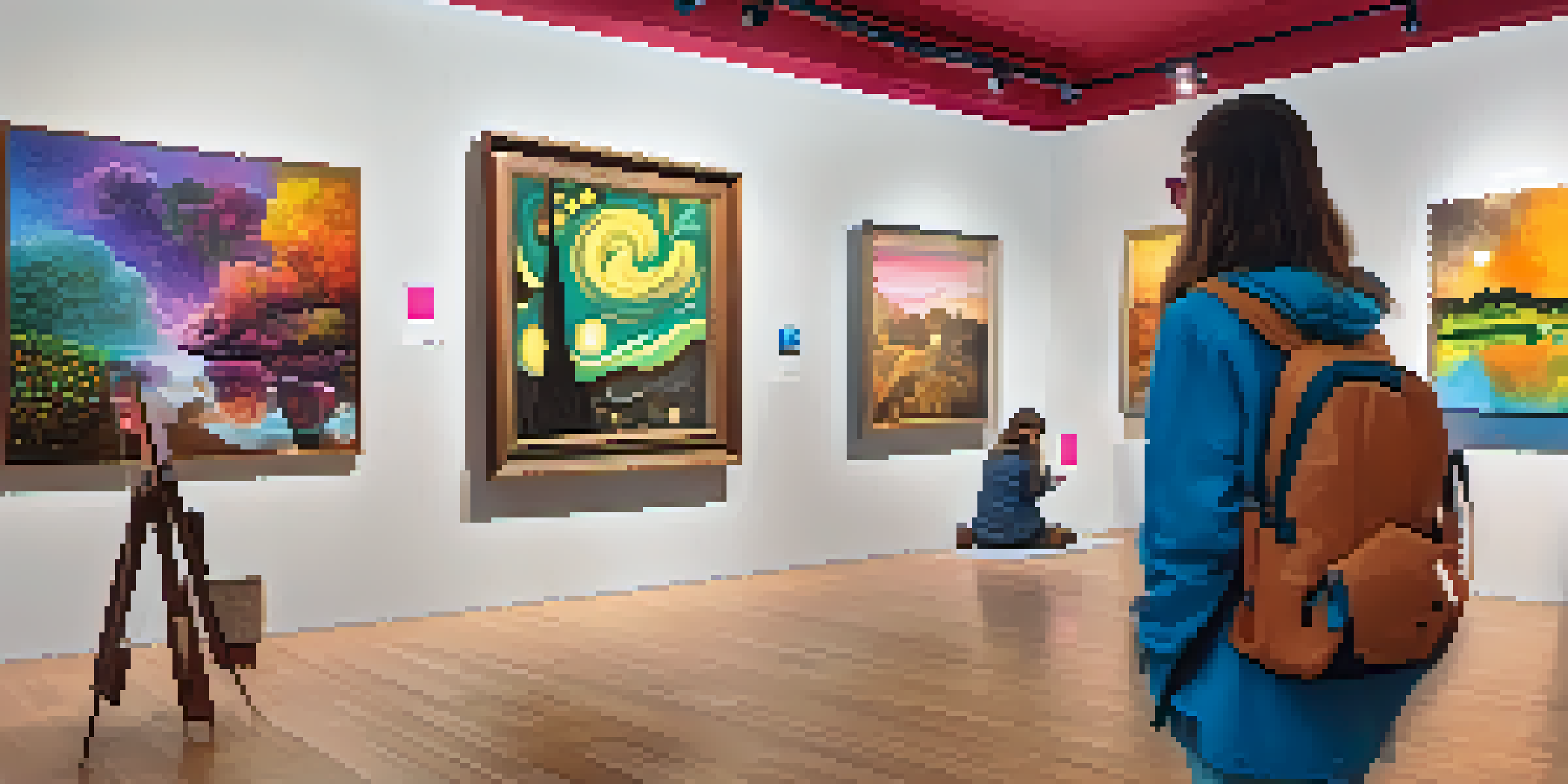 A digital art gallery with traditional and augmented reality artworks, featuring colorful paintings and animated elements visible through smartphones.