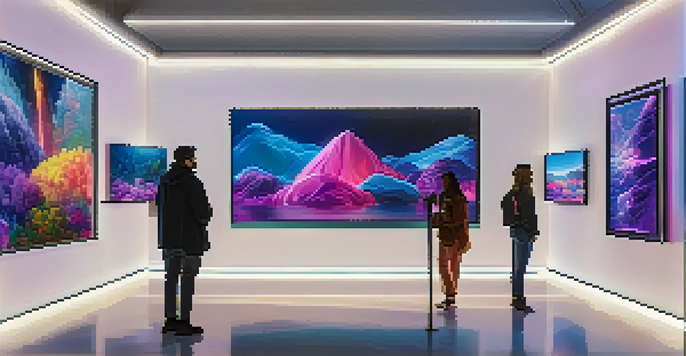A digital art gallery filled with screens displaying various unique digital artworks, with people engaging and enjoying the art.