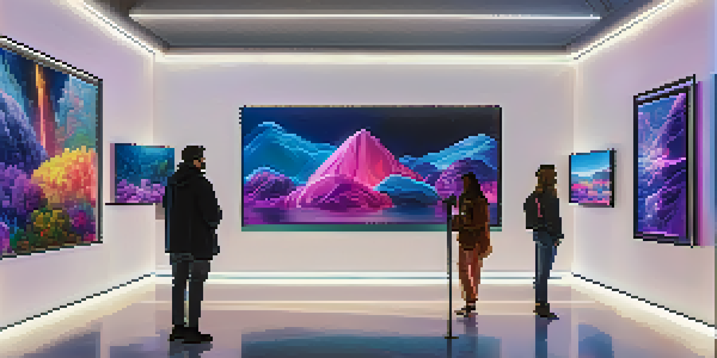 A digital art gallery filled with screens displaying various unique digital artworks, with people engaging and enjoying the art.