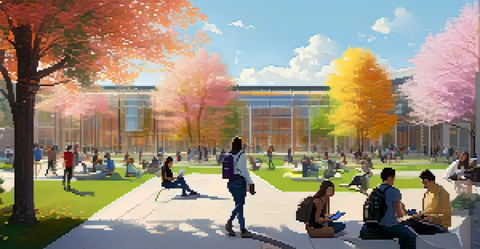 A lively university campus with students using technology to display NFTs, surrounded by nature and modern buildings.