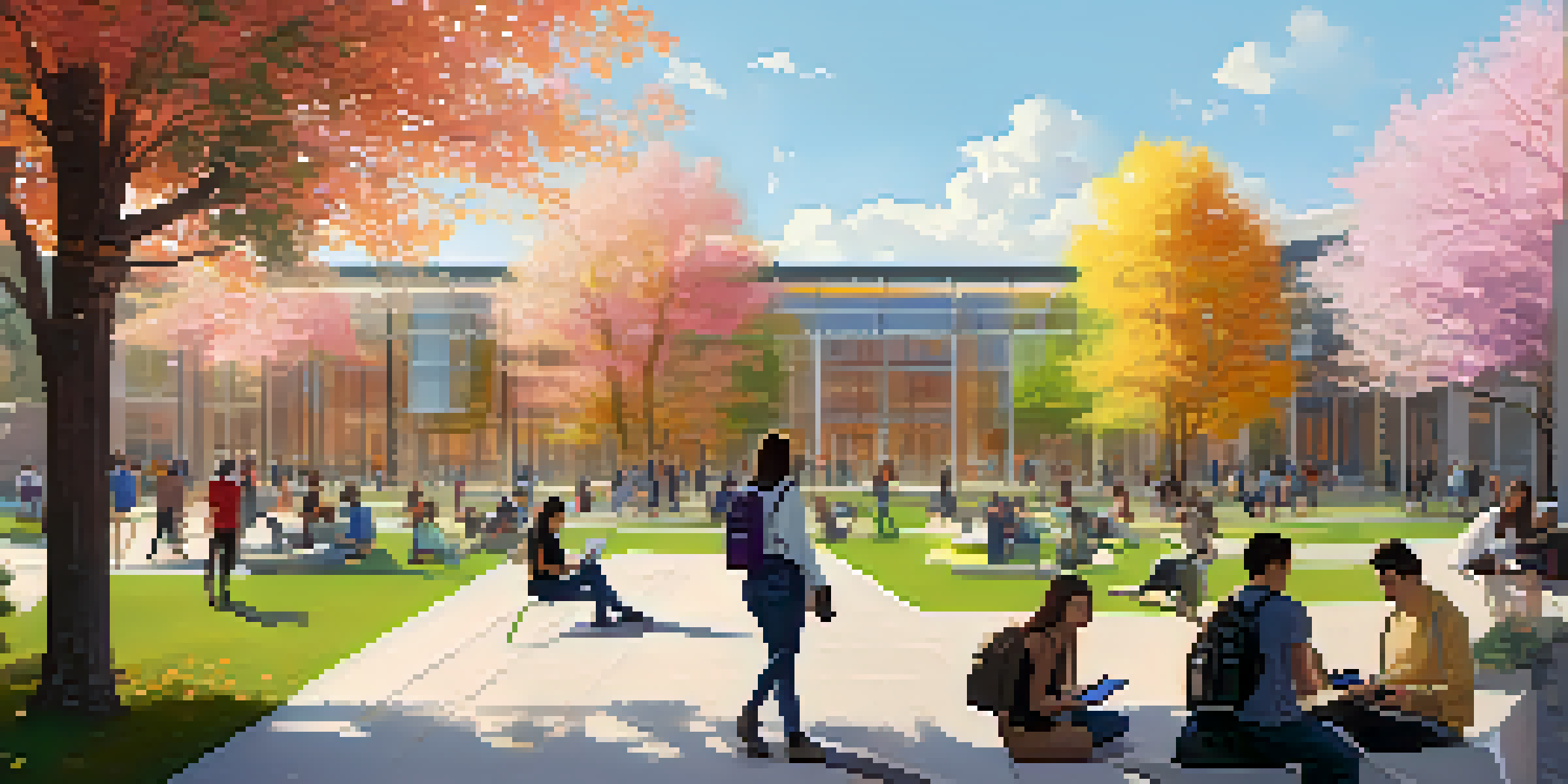 A lively university campus with students using technology to display NFTs, surrounded by nature and modern buildings.