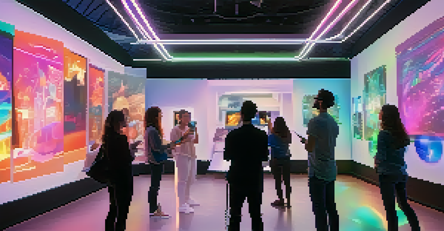 A virtual gallery showcasing augmented reality art installations with visitors using VR headsets and colorful lighting.