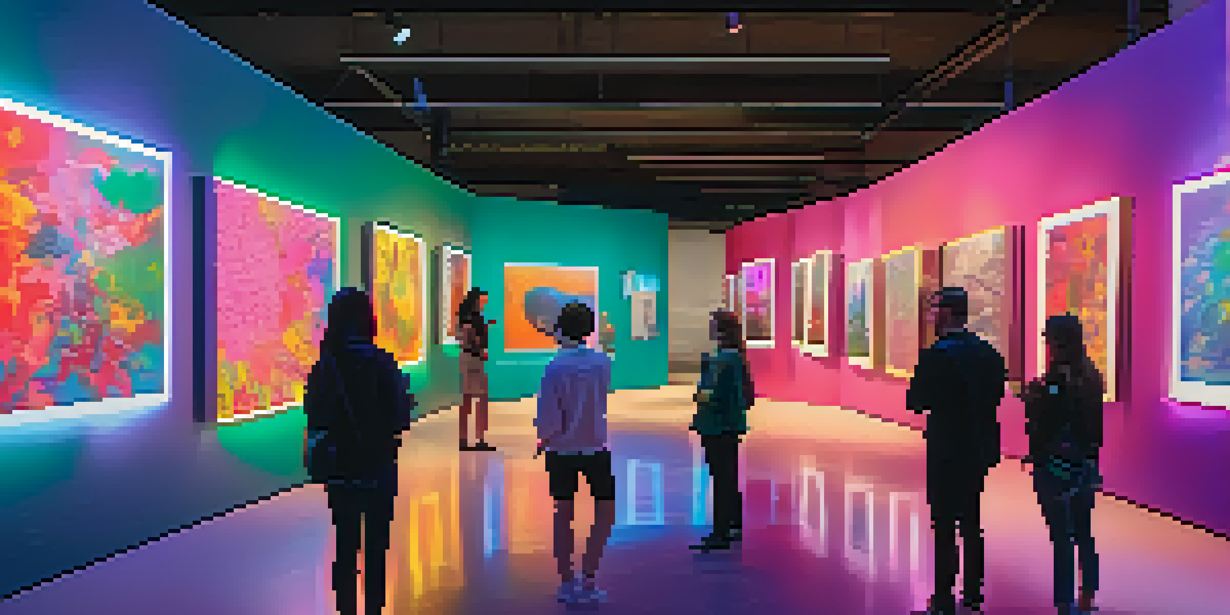 A digital art gallery filled with diverse NFT artworks, illuminated by soft lighting, with visitors admiring the pieces.