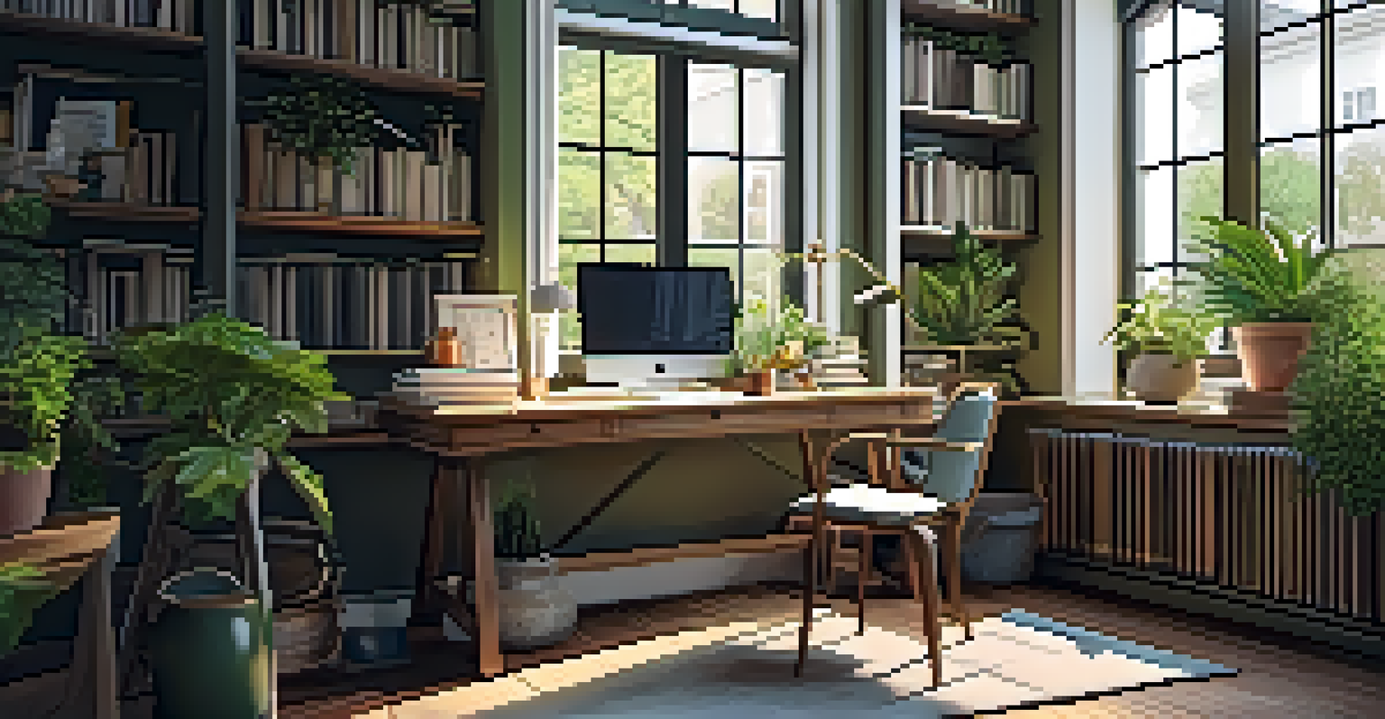 A bright home office with a wooden desk, laptop, and plants, creating a comfortable workspace.