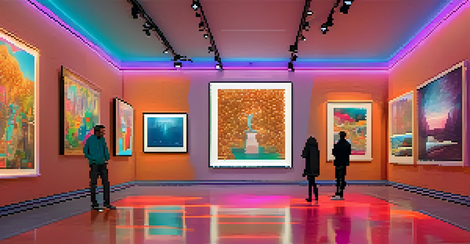 A digital art gallery with colorful screens displaying NFTs, collectors admiring the artworks under soft lighting.