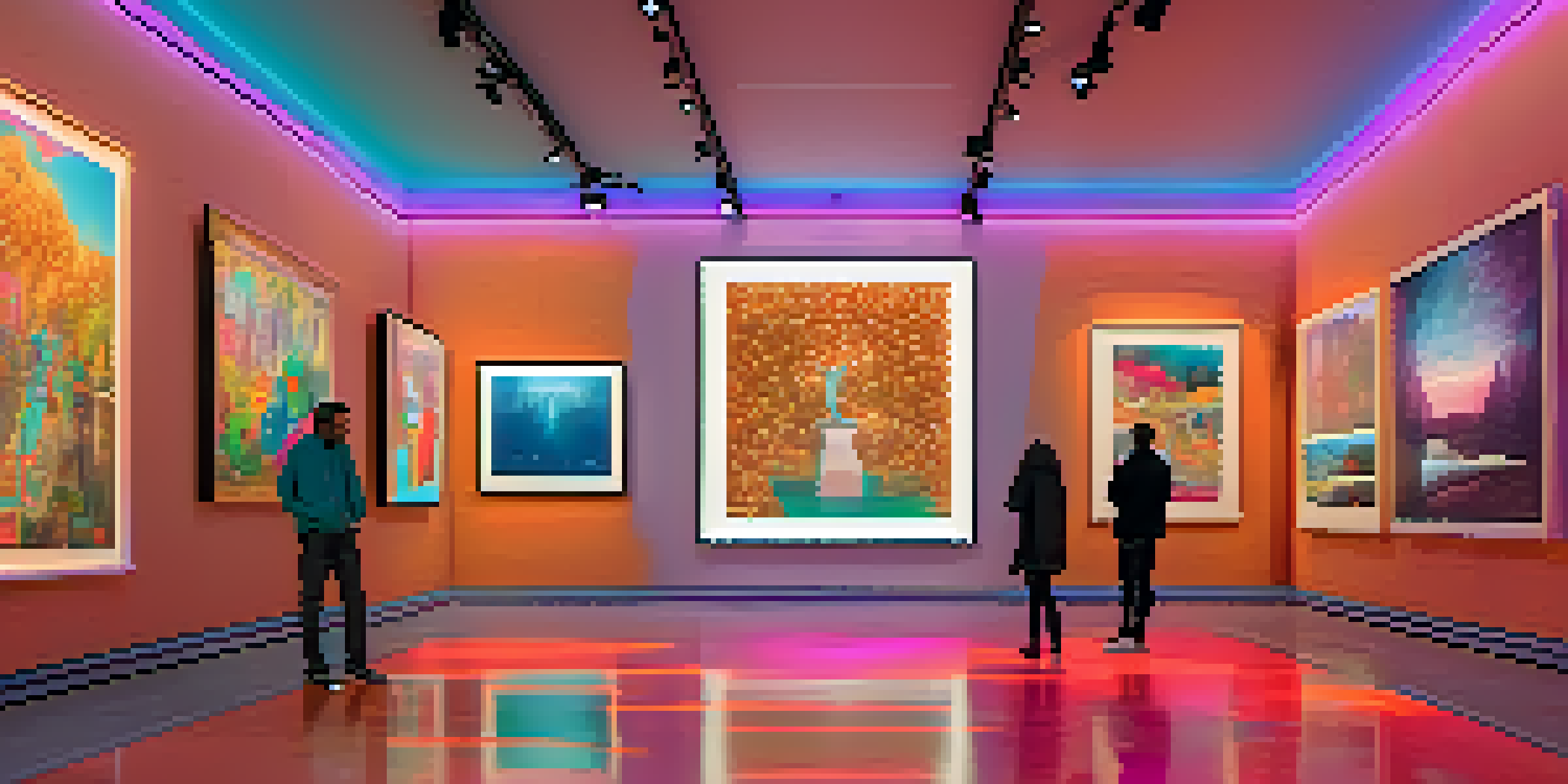 A digital art gallery with colorful screens displaying NFTs, collectors admiring the artworks under soft lighting.