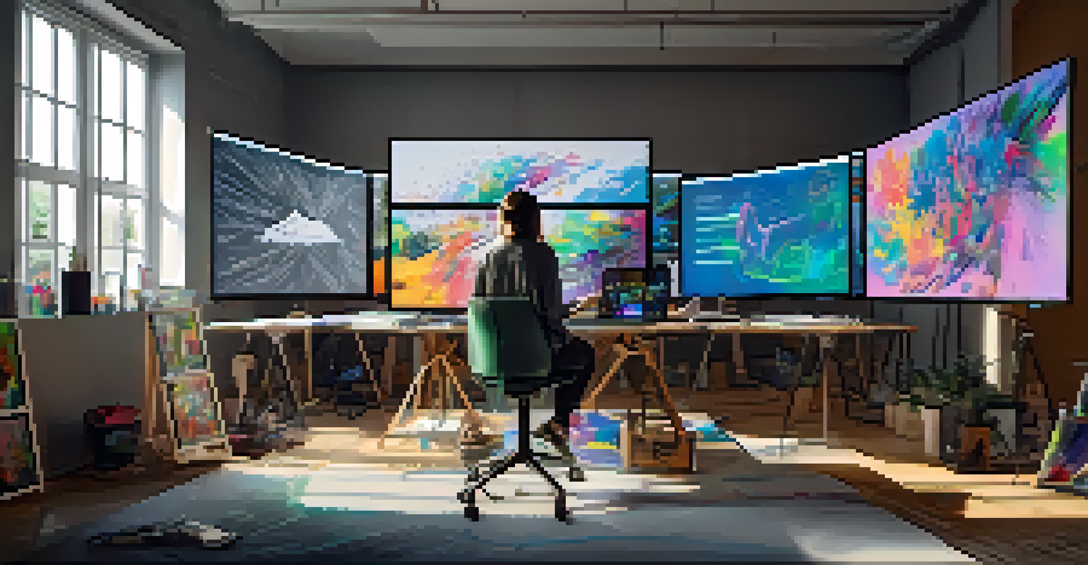 An artist working in a vibrant studio on a digital artwork for NFTs, with colorful sketches and modern tools in a well-lit space.