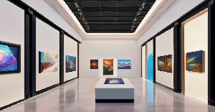 A virtual reality art gallery displaying a variety of digital artworks and diverse avatars interacting with the pieces in a warmly lit environment.