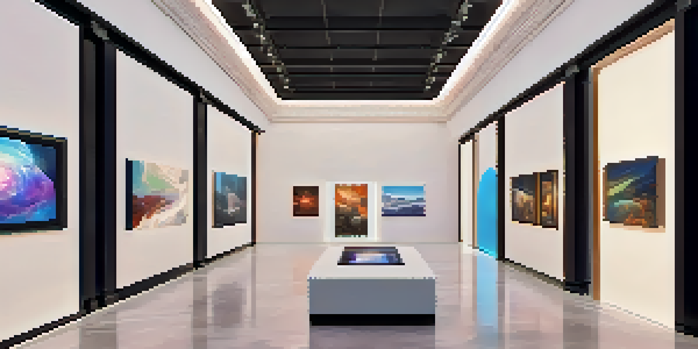 A virtual reality art gallery displaying a variety of digital artworks and diverse avatars interacting with the pieces in a warmly lit environment.