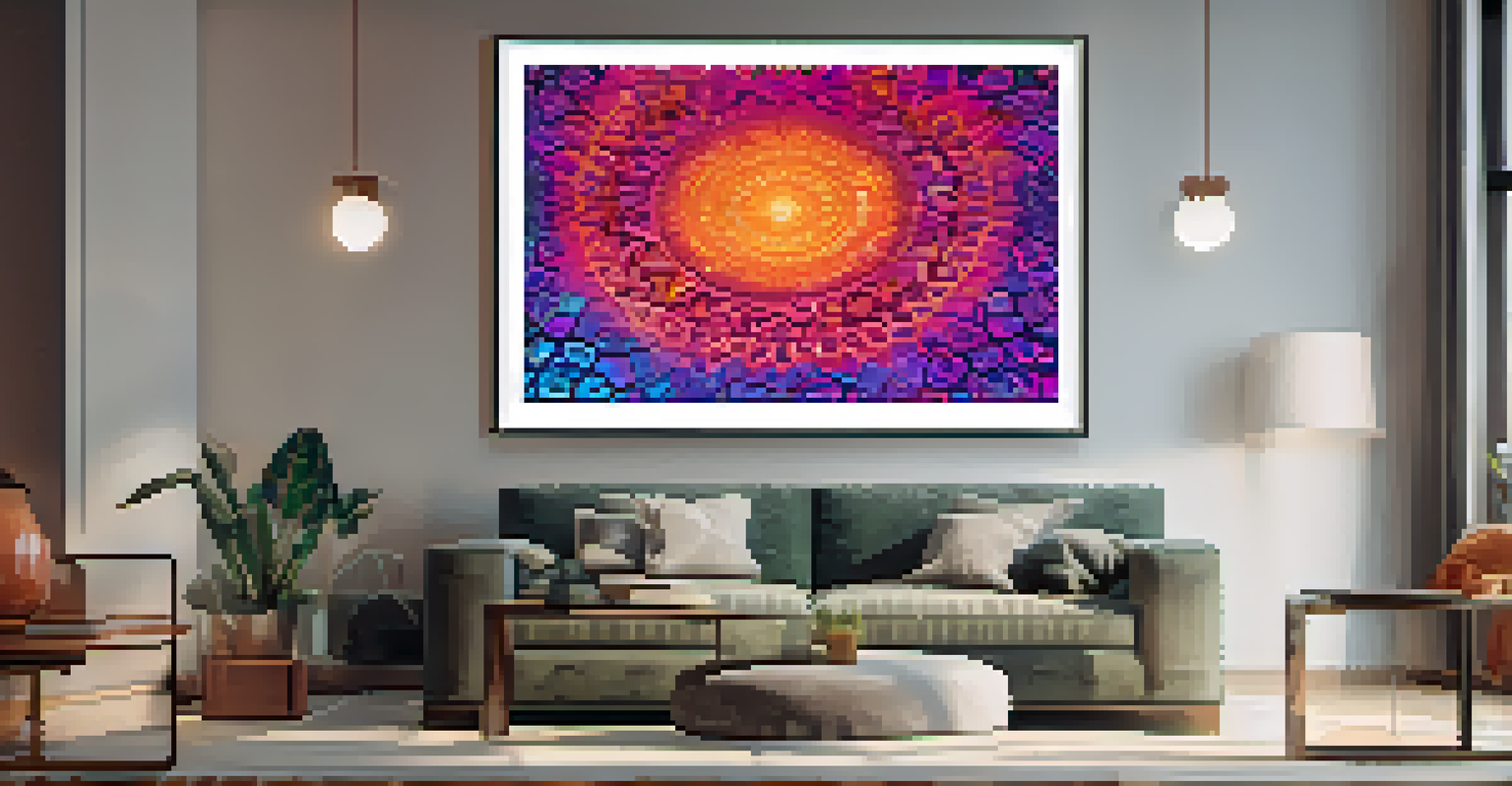 A close-up of a vibrant NFT art piece on a digital screen in a modern living room, with a person admiring it.