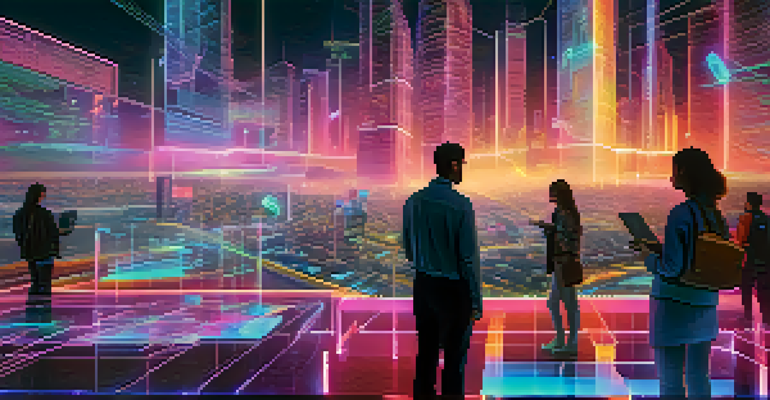A futuristic cityscape with floating smart contracts and people interacting with holographic interfaces.