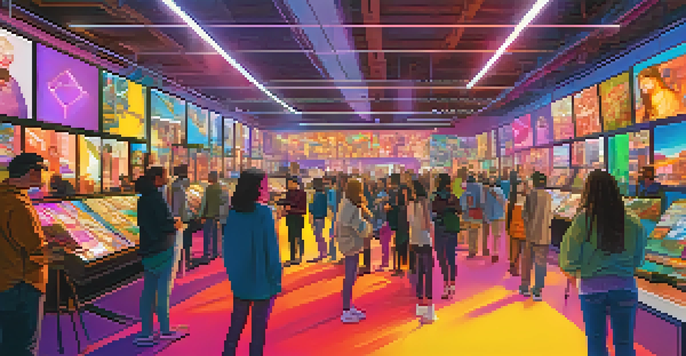 A lively NFT marketplace with diverse artists and collectors engaging around colorful digital art displays.
