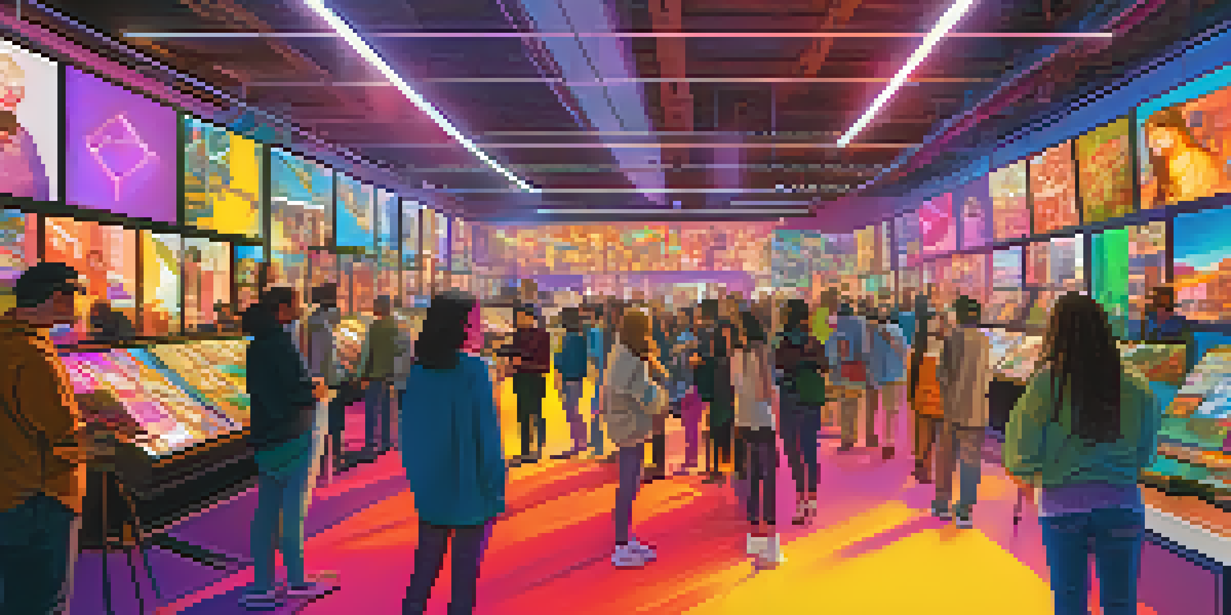 A lively NFT marketplace with diverse artists and collectors engaging around colorful digital art displays.