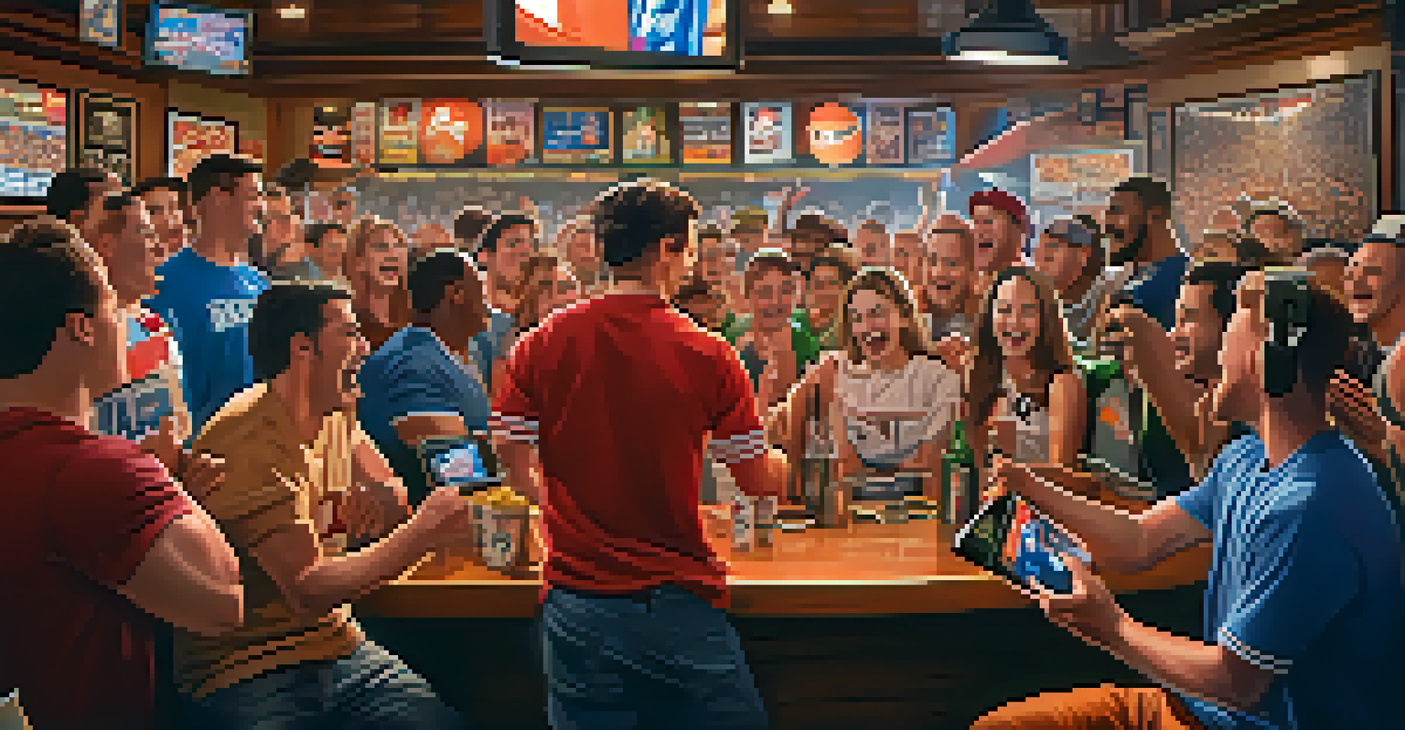A sports fan in a bar holding a smartphone showing an NFT of a game-winning moment, surrounded by excited fans and sports memorabilia.