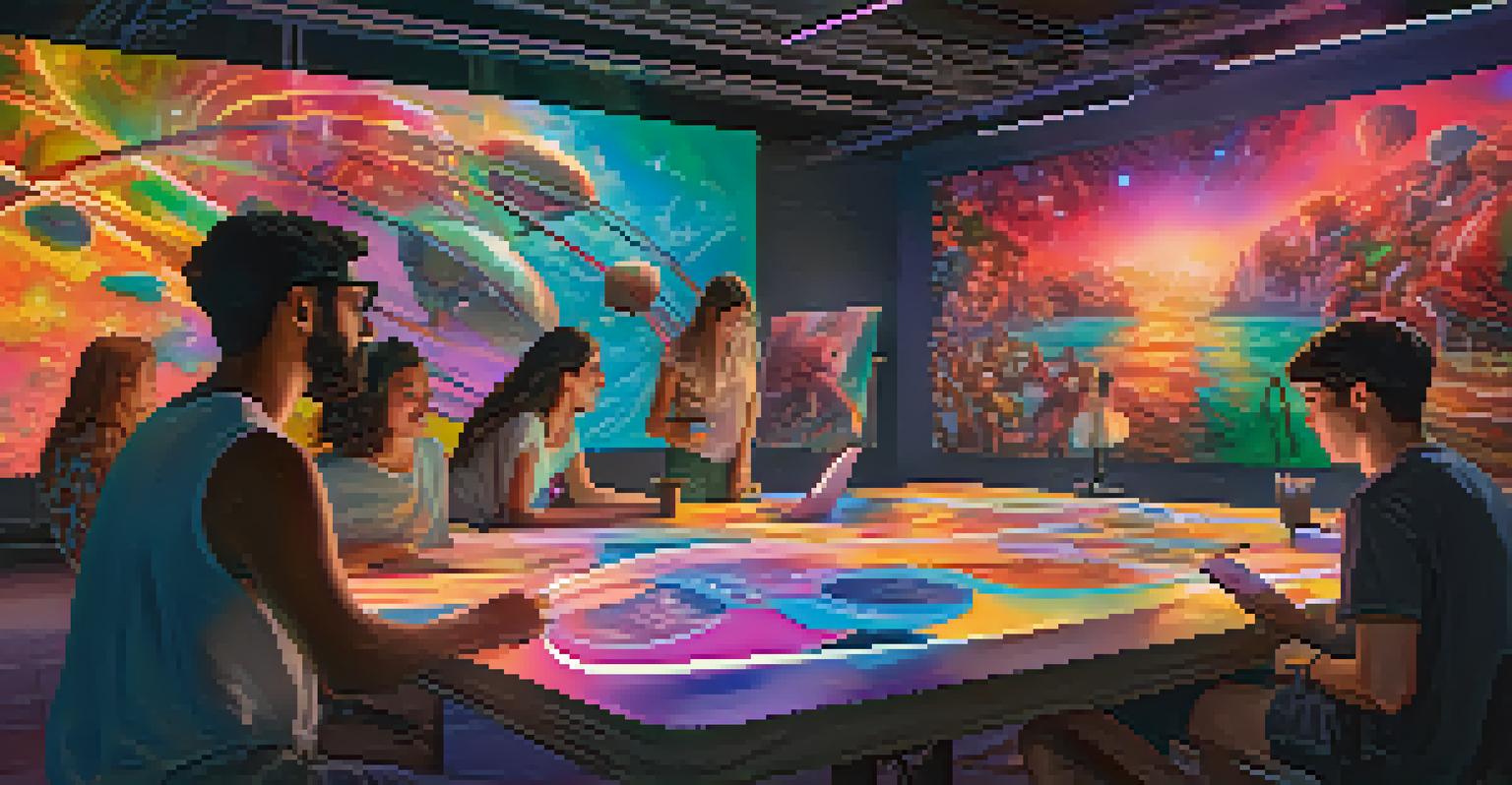 A digital artist engaging with fans in a virtual workshop, surrounded by floating NFT artworks in a vibrant setting.