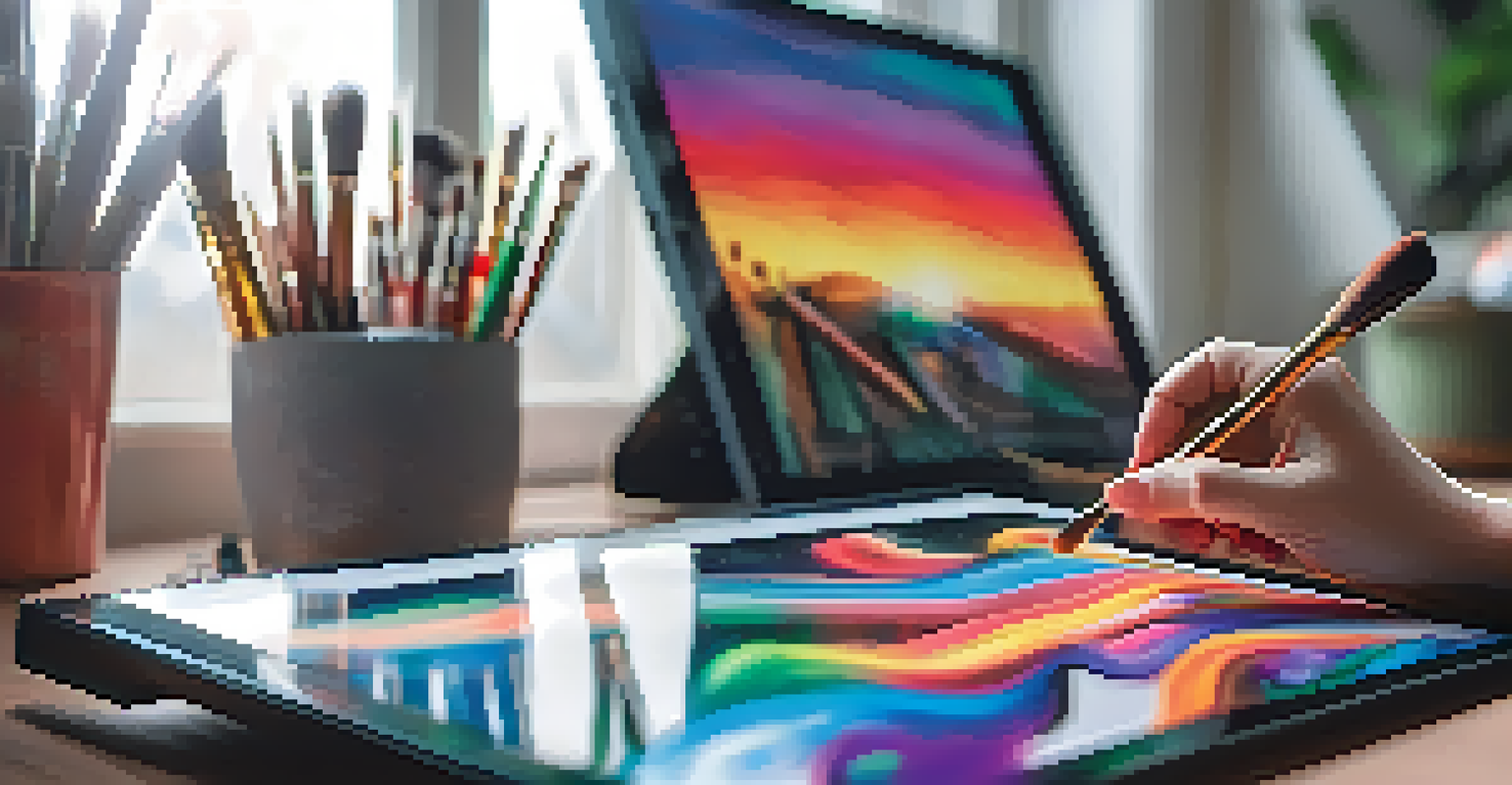 An artist's hand working on a digital tablet to create an NFT artwork, with art supplies around and natural light illuminating the workspace.