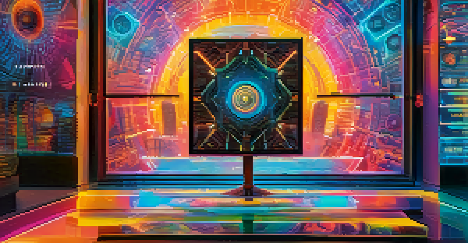 A detailed digital artwork being showcased as an NFT, with vivid colors and a futuristic interface overlay highlighting transaction information.