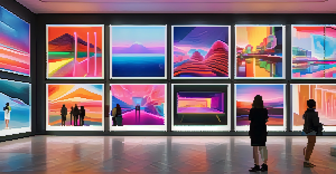 A modern digital art gallery with visitors admiring various NFT artworks displayed on screens, featuring colorful and abstract designs in soft lighting.