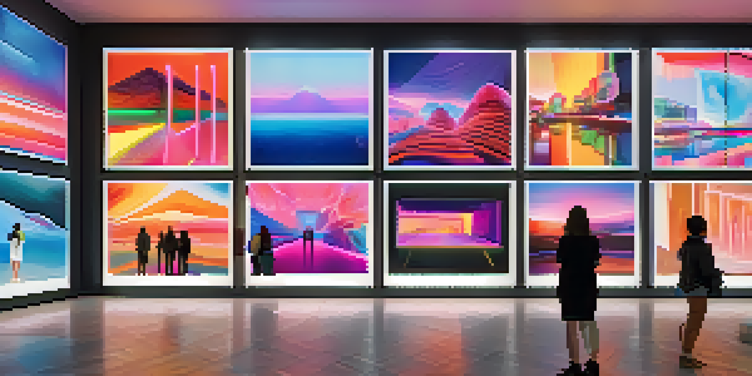 A modern digital art gallery with visitors admiring various NFT artworks displayed on screens, featuring colorful and abstract designs in soft lighting.