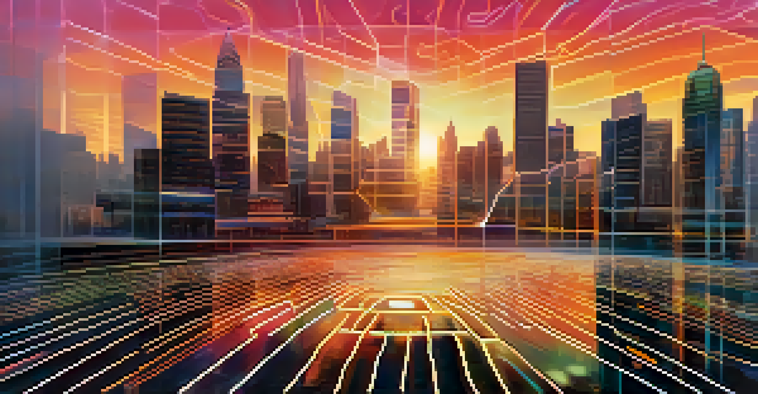 A digital fingerprint overlaying a city skyline at dusk, symbolizing digital identity.